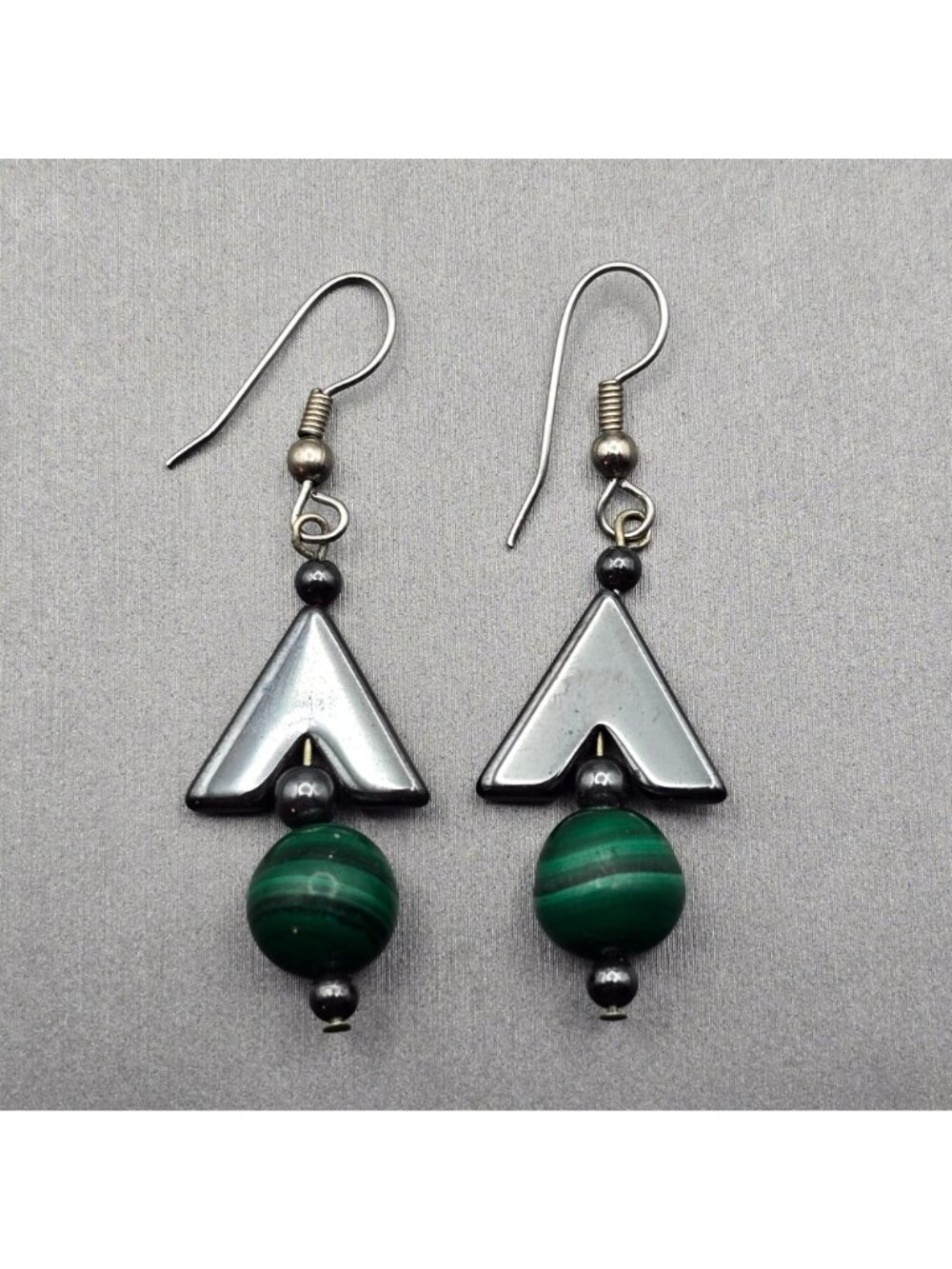 Vintage Malachite Hematite Arrowhead Drop Earrings Sterling Silver Boho Dangle - Picture 7 of 8